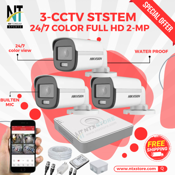 3 HIKVISION CCTV Camera Package Full HD 24/7 COLOR VU 2-MP
