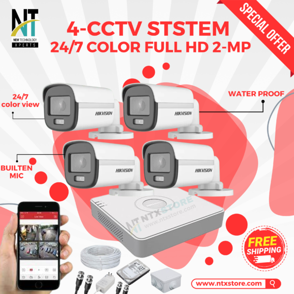 4 HIKVISION CCTV Camera Package Full HD 24/7 COLOR VU 2-MP