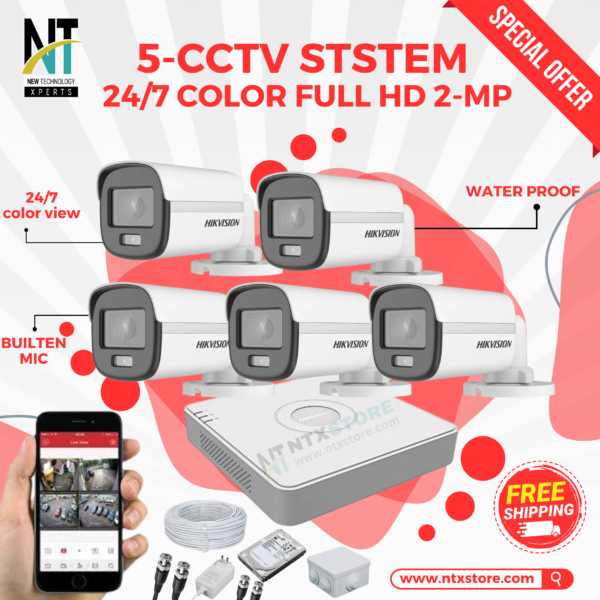 5 HIKVISION CCTV Camera Package Full HD 24/7 COLOR VU 2-MP