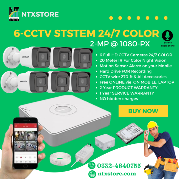 6-CCTV STSTEM 24/7 COLOR Full HD 2-MP